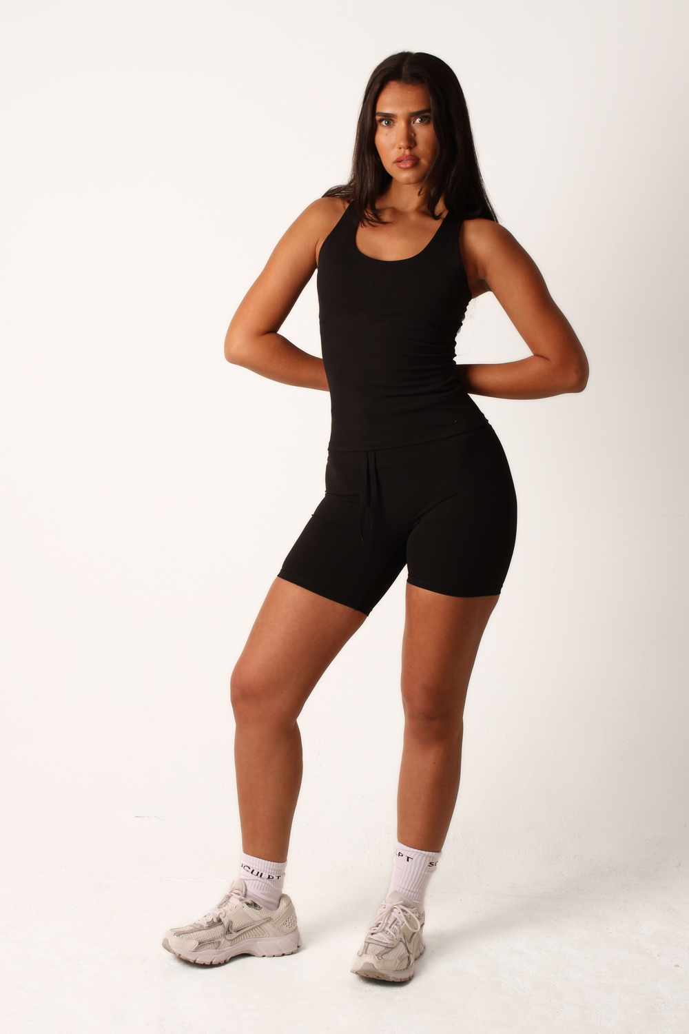 High Waisted Mid Length Shorts Black — front view